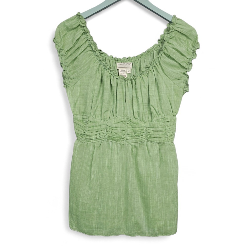 MSSP Max Studio Sage Green Cotton Smocked Peasant Blouse Cap Sleeve Top - Medium